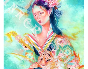 May include: A woman in a colorful kimono holds a tiger cub. The woman has long dark hair and is wearing a floral crown. The background is a soft blue and green watercolor wash.
