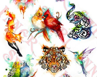 May include: Watercolor painting featuring a variety of animals, including a lion, elephant, fox, cardinal, tiger, hummingbird, and turtle. The animals are painted in a vibrant and colorful style, with splashes of pink, blue, green, and yellow.