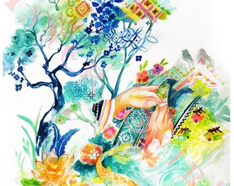 May include: A watercolor painting of a hand reaching out from a colorful, patterned background. The hand is surrounded by flowers, trees, and fish. The painting is done in a vibrant style with a lot of detail.