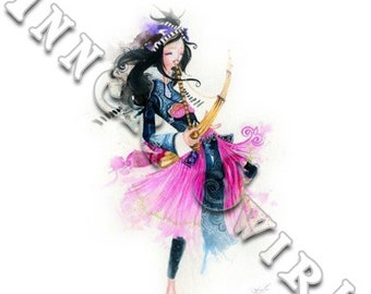 May include: A watercolor painting of a woman with long black hair playing a musical instrument. She is wearing a blue and pink dress and a hat. The background is a light blue watercolor wash.