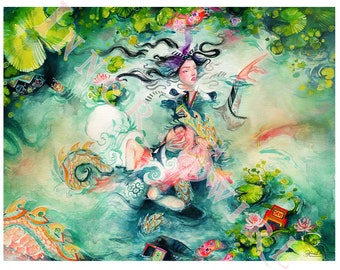 May include: A watercolor painting of a woman with long black hair holding a baby. The woman is wearing a colorful robe and is surrounded by water lilies and other aquatic plants. The painting is set against a background of a blue and green sky.