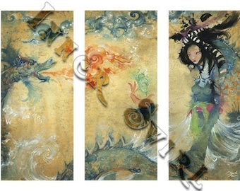 May include: A triptych painting with a watercolor style. The left panel features a blue and green dragon emerging from the water. The middle panel features a swirling pattern of blue, green, and orange clouds. The right panel features a woman with long black hair wearing a blue and green dress. The woman is surrounded by swirling clouds and water.