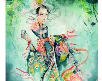 May include: Watercolor painting of a woman in a decorative dress, submerged in water with lily pads and flowers. The woman has pale skin, dark hair, and is adorned with floral accents. The dress features intricate patterns and flowing ribbons, with a color palette of teal, pink, and gold.