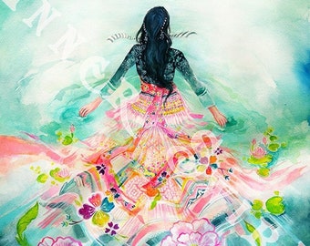 May include: A woman in a colorful dress with floral patterns walks through a field of water lilies. The dress is flowing and the woman's hair is long and black. The background is a soft blue and green.