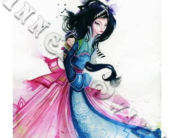 May include: Watercolor illustration of a woman in a blue and pink dress with a child on her back. The dress has intricate patterns and a large bow. The woman has black hair and is looking to the side. The image has the text "INN C" in the upper left corner.