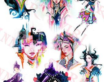 May include: A digital illustration of eight women with colorful, intricate designs and patterns. The women are wearing various styles of clothing and accessories, including headbands, necklaces, and earrings. The background is white.