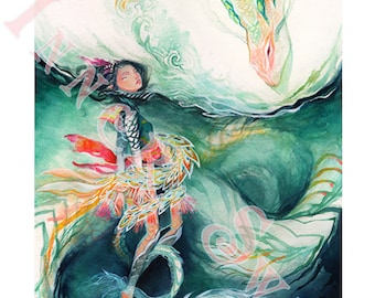 May include: A watercolor painting of a woman with long black hair, wearing a green and gold dress, floating in the air. She is surrounded by a swirling green and blue dragon with a pink and green head. The dragon's tail is curled around the woman's legs.