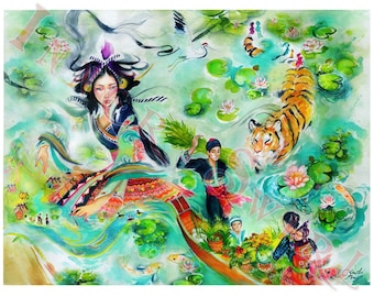 May include: A watercolor painting of a woman in a colorful kimono standing in a river with a tiger swimming towards her. The river is filled with water lilies and fish. There are people in the background, some carrying baskets of produce.