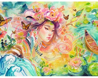 May include: A watercolor painting of a woman with a floral crown, surrounded by butterflies, flowers, and a small boat on a lake. The painting is in shades of blue, green, yellow, and pink.
