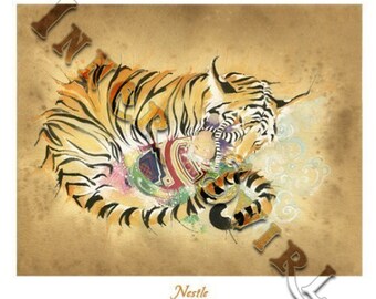 May include: Watercolor illustration of a tiger with orange and black stripes, with a person in colorful clothing. The image has the word "INIRK" and the word "Nestle" in the image.