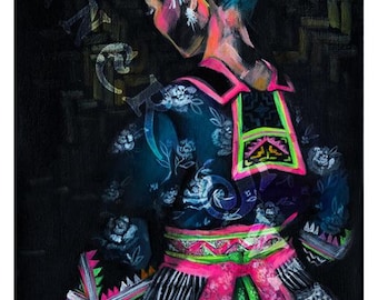 May include: A painting of a person wearing a traditional blue and pink dress with floral patterns and intricate embroidery. The person has blue hair and is looking down. The background is dark and textured.
