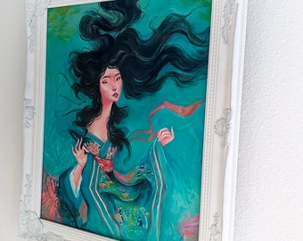 May include: A framed painting of a woman with long black hair, wearing a teal kimono with floral details. The artwork is set against a teal background and framed in a white, ornate frame. The painting has a serene and artistic quality.