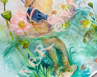 May include: Watercolor painting of a person fishing in a pond with the word "Inner Swirl" in pink script. The artwork features a fisherman in a hat, surrounded by fish, lily pads, and pink flowers. The color palette includes shades of blue, green, and pink.