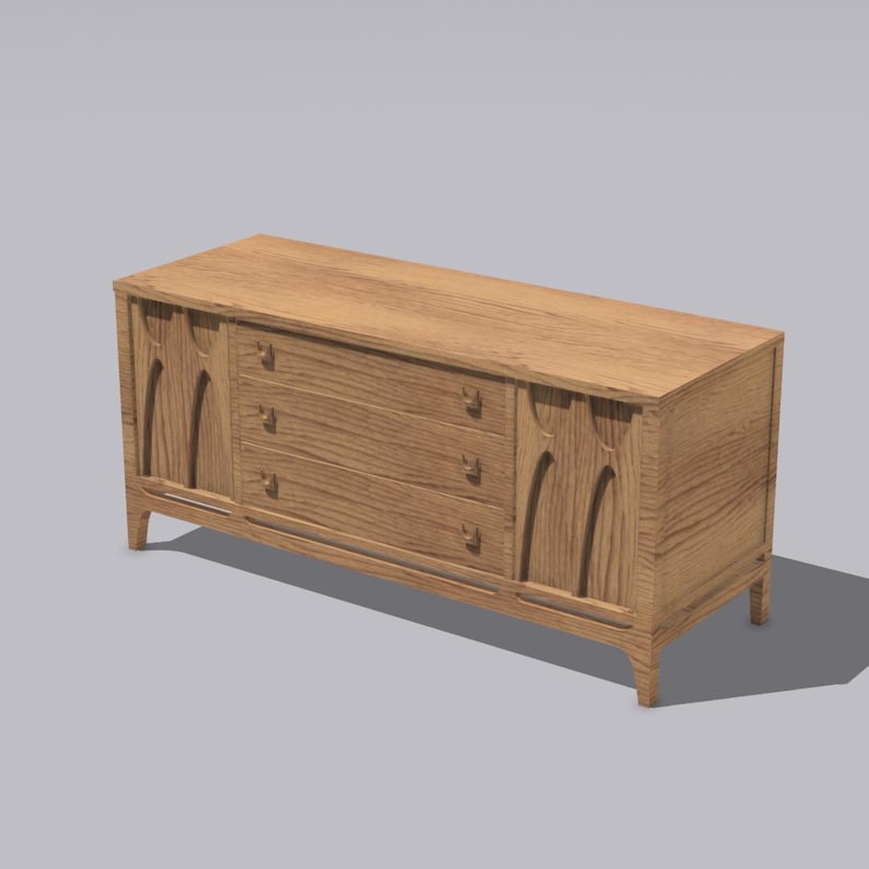May include: A light brown wooden sideboard with three drawers and two cabinet doors. The cabinet doors have an arched design. The sideboard is made of wood and has a natural finish. The sideboard is a mid-century modern style.