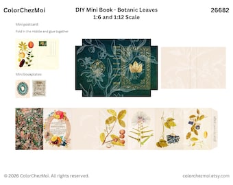 Miniboek Botanic Leaves, 1:6 schaal 1/12 miniatuur, klein boek, BookNook-decor, afdrukbaar poppenhuis (digitale download)