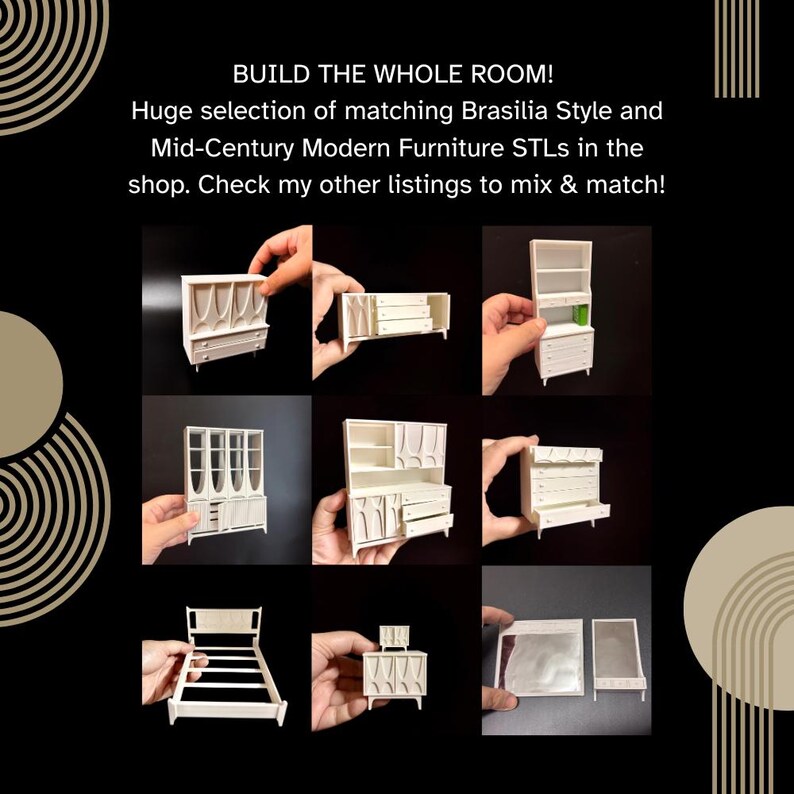 1:12 Scale STL, Miniature Credenza, TV Stand, Brasilia, Mid-Century Style, Dresser, Wardrobe, Dollhouse Furniture 3D Print File (Digital) image 4