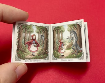 1/6 Schaal 1/12 Roodkapje, te openen miniboek, leesbare pagina's poppenhuis afdrukbaar DIY pdf-bestand, miniatuur bibliotheek sprookje