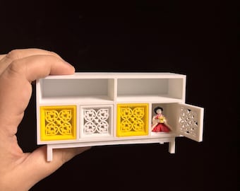 Aparador estilo japonés con patrón de trébol de cuatro hojas a escala 1:12, archivo digital 3D, muebles para casa de muñecas, miniatura imprimible, estilo MCM (Mediados de Siglo).