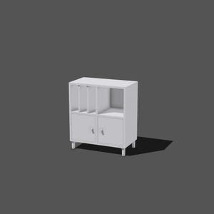 May include: A white cabinet with two doors and open shelving. The cabinet has a rectangular shape and is elevated on short legs. The doors have small, round knobs. The cabinet has a modern, minimalist design.