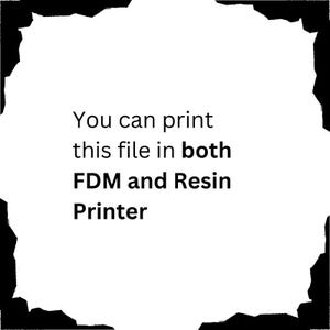 May include: White background with black border and text. The text reads: "You can print this file in both FDM and Resin Printer."