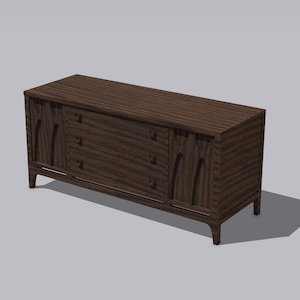 May include: A dark brown wooden sideboard with three drawers and two cabinet doors. The doors have a curved design. The top of the sideboard has a horizontal grooved pattern. The sideboard is raised on short legs.