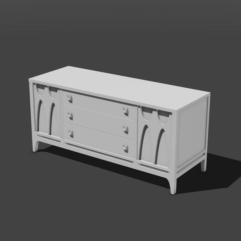May include: A white mid-century modern style dresser with three drawers and decorative cutouts on the sides. The dresser has a rectangular shape and sits on four angled legs. The overall design is clean and minimalist.