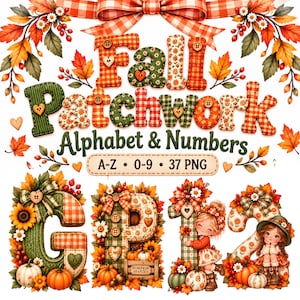 Peut inclure: Un ensemble graphique numérique présentant un alphabet et des chiffres en patchwork avec des motifs automnaux, incluant des carreaux et des fleurs. Le texte indique Fall Patchwork Alphabet & Numbers A-Z 0-9 37 PNG, avec des citrouilles et enfants.