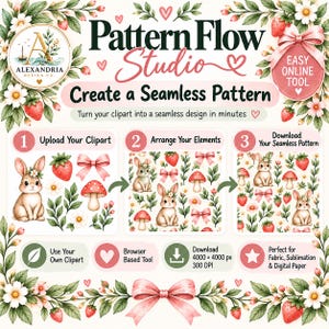 May include: A digital graphic for Pattern Flow Studio featuring a three-step guide to create seamless patterns. The design includes illustrations of bunnies, strawberries, mushrooms, and pink bows, with text explaining the online tool process.