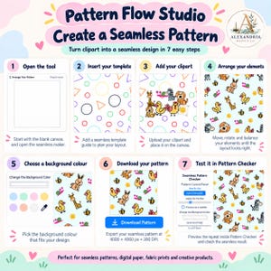 May include: An infographic titled Pattern Flow Studio Create a Seamless Pattern, detailing seven steps to create designs. It features a logo, numbered steps with text, and illustrations of animals like rabbits, ducks, and giraffes on a light background.