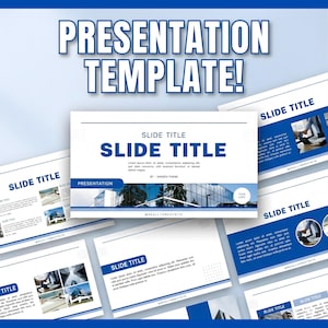 May include: A presentation template with a blue and white design. The words "PRESENTATION TEMPLATE!" are at the top. The template includes slides with the words "SLIDE TITLE" and the text "Lorem ipsum dolor sit amet, consectetuer adipiscing elit, sed diam nonummy nibh euismod tincidunt ut laoreet dolore magna."