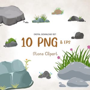 May include: A digital download set of stone clipart. The image features ten PNG and EPS files of various gray stones, some with green moss, grass, and small flowers. The text "Stone Clipart" is included.