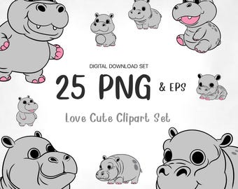 Baby Hippo Clipart Bundle | 25 Kawaii Animal PNG & EPS (Digital Download)