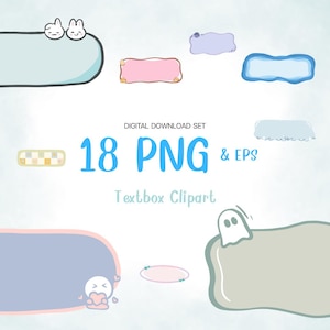 Può includere: Un set di download digitale con 18 clipart di caselle di testo PNG ed EPS. L'immagine mostra varie caselle di testo colorate con simpatiche illustrazioni, tra cui coniglietti, un fantasma e cuori. Il testo "Textbox Clipart" è anche visibile.