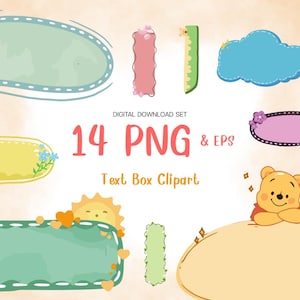May include: A digital download set featuring 14 PNG and EPS text box clipart. The clipart includes various shapes such as ovals, rectangles, and cloud shapes in pastel colors like green, pink, yellow, and blue. Some designs include floral and heart accents.