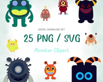 Monster Clipart Set | 25 Cartoon Alien Stickers (PNG SVG EPS Digital)