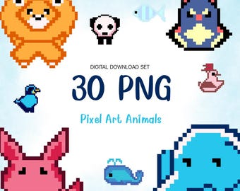 PNG-set met pixelart-dieren: 8-bits retro-clipart (digitale download)