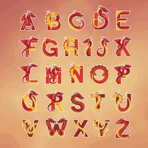 May include: A full alphabet of stylized letters, each featuring a dragon design. The letters are in red and yellow, with a gradient effect. The background is a warm, orange-brown color.