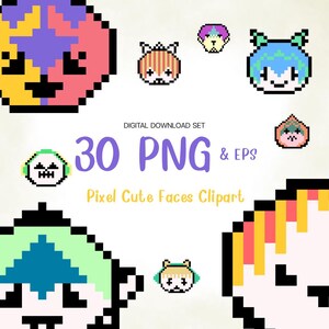 May include: A digital download set featuring pixelated cute faces clipart. The image includes various colorful pixel art faces, the text "30 PNG & EPS", and the words "Pixel Cute Faces Clipart". The faces have different hairstyles and expressions.