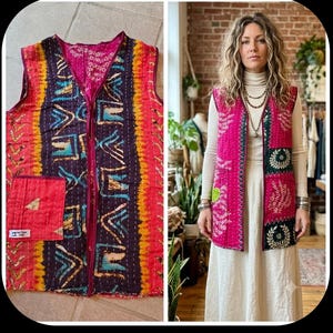 May include: A sleeveless vest featuring a quilted texture with a vibrant mix of magenta, yellow, and dark purple panels. The garment displays intricate geometric and floral patterns, a V-neckline, and a rectangular patch pocket on the front left side.