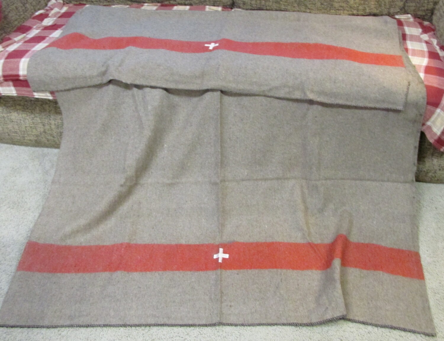 Wool Swiss style army surplus blanket grey brown with red Etsy