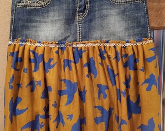 Upcycled jean skirt blue bird ruffle sz 5 distressed