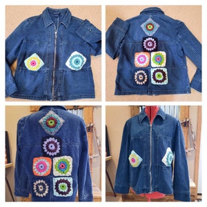 May include: A blue denim jacket with crocheted squares sewn on the back and pockets. The squares are in various colors, including pink, orange, green, blue, and brown.
