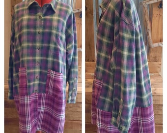 Upcycled flannel plaid shirt coat duster sz 1X-2X one of a kind