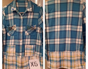 Upcycled flannel plaid shirt coat duster shacket sz XS aqua original
