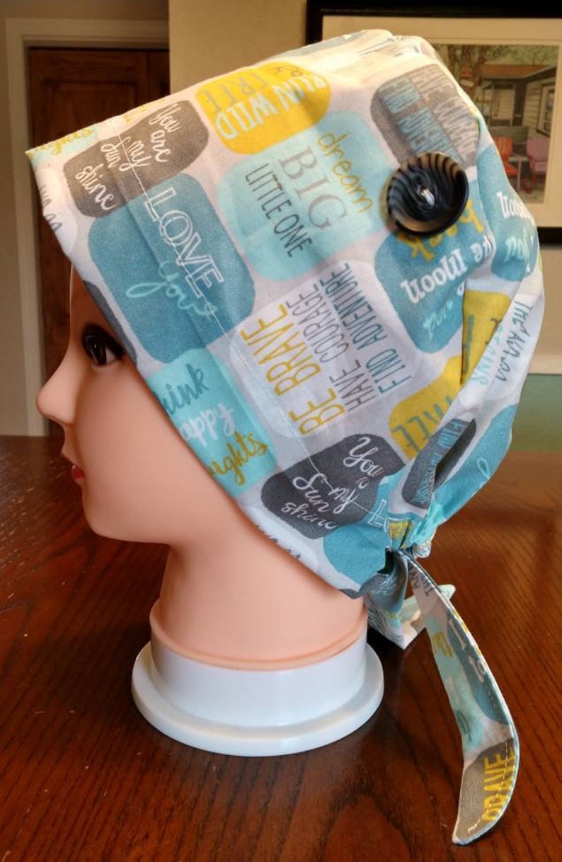 Surgical scrub hat inspiring quotes buttons back tie handmade