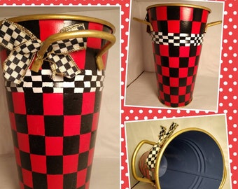 Upcycled buffalo check tall metal can vase hand painted