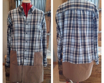 Upcycled flannel plaid shirt jacket shacket sz XL original tan/gold