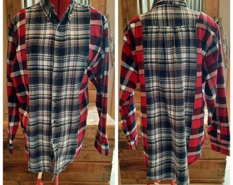 Spliced Flannel Plaid Shirt unisex upcycled mens M or womans L