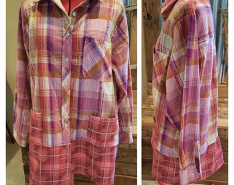 Upcycled pink plaid flannel shirt coat sz L shacket