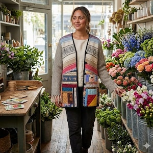 May include: A woman wearing a colorful patchwork jacket with a cream-colored top and black pants. The jacket features a mix of patterns and colors, including stripes, geometric designs, and patchwork squares. The background is a flower shop with various flowers.